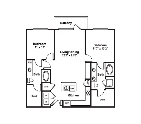 Floor plan for 2 beds, 2 baths, 1149 sqft